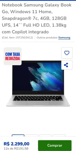 Note book Samsung Galaxy Book octa core 4g RAM 128g<br>14 " Full HD Windows 11<br>