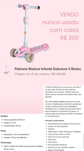 Patinete 3 rodas dobrável até 80kg