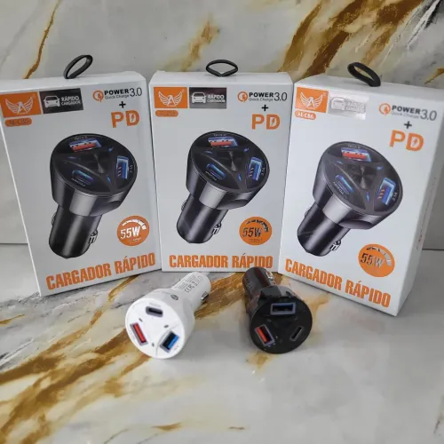 Carregador veicular USB e tipo C 55w