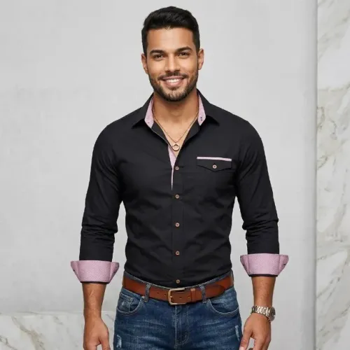 Camisa Social Masculina Slim Fit Manga Longa Preta com Detalhes