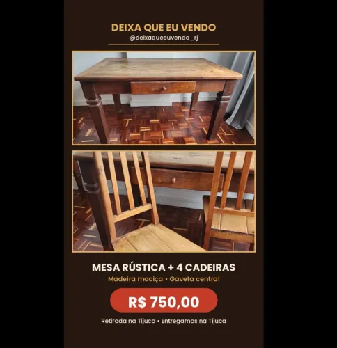 Mesa rústica com 4 cadeiras madeira Peroba