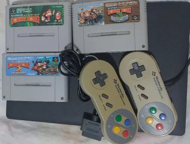 trilogia donkey kong 100 % original japonês + 2 controles super nintendo famicom