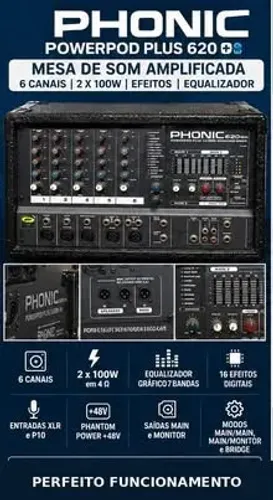 MESA DE SOM AMPLIFICADA PHONIC POWERPOD 620 PLUS - 6 CANAIS - 200W
