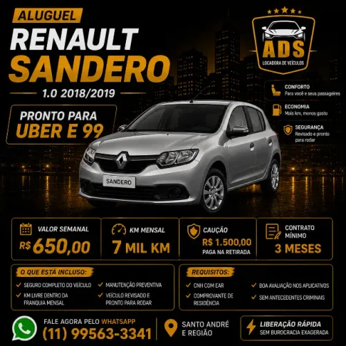 Locação de veiculo Sandero 1.0 para motoristas de app
