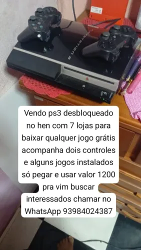 Vendo ps3 desbloqueado no hen valor 1200 pra vim buscar Zap *87