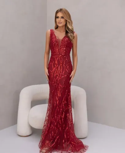 Vestido de festa luxo sstilo Sereia Marsala
