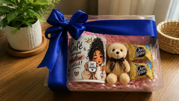 Kit Presente com Caneca Personalizada + Ursinho + Bombons | Pronto para Presentear