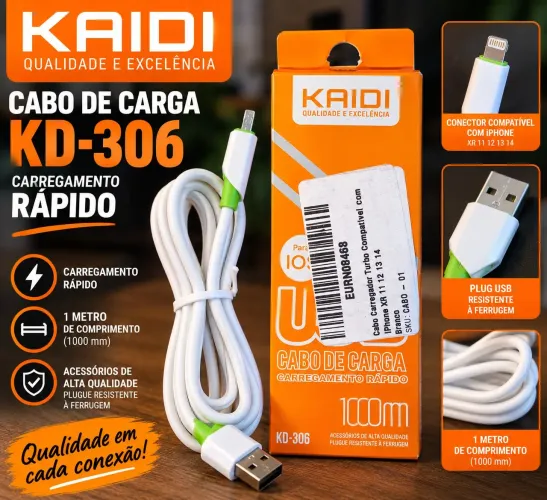 Cabo Carregador Kaidi KD-306 para iPhone - 1 Metro - Carregamento Rápido