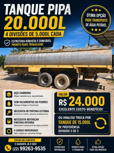 Tanque Pipa 20.000L P/Caminhão Pipa Água Potavel