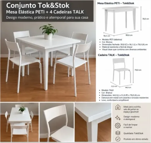 Conjunto Tok Stok - Mesa Elática PETI + 4 cadeiras TALK