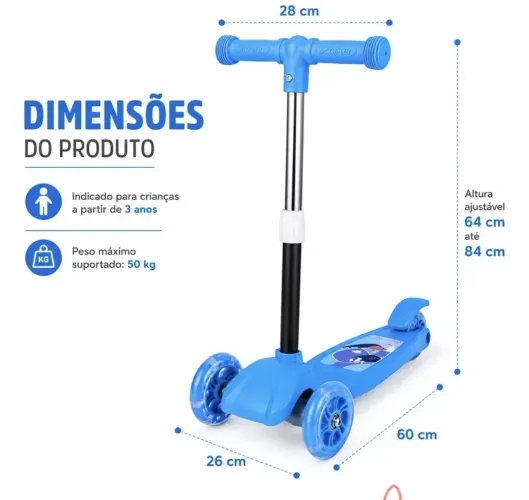 Patinete infantil azul , altura ajustável , luz de Led nas rodas