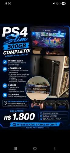 PS4 Slim 500GB + 4 Controles + 3 Jogos - Completo e Funcionando Perfeito