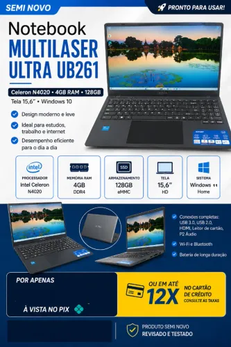 Notebook Multilaser Ultra Ub261 Celeron N4020 4gb Ram 128gb (semi novo)