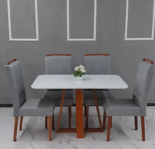 Mesa de Jantar Rústica em Madeira Maciça - Vidro Laqueado e 4 Cadeiras