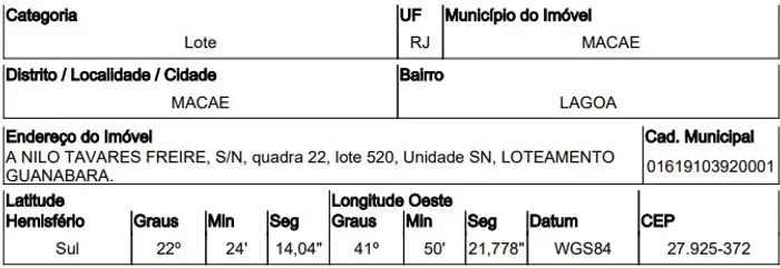 Oferta com diferencial Terreno no Lagoa, Macae - RJ, Nº 00, 469m² | Venda Direta Online
