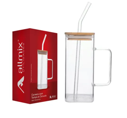Caneca com canudo de vidro 380ml