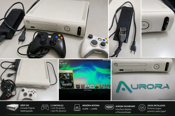 Xbox 360 Branco Desbloqueado Aurora + 2 Controles