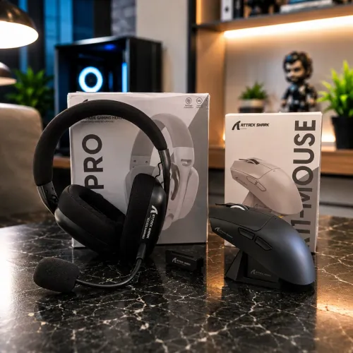 COMBO GAMER ATTACK SHARK L80PRO HEADSET SEM FIO + MOUSE X11 TRI-MODE E BASE MAGNÉTICA RGB