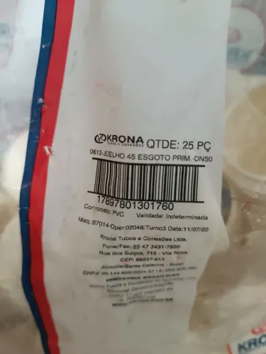 Conexão de Esgoto 45° de 50mm Krona- Lote 