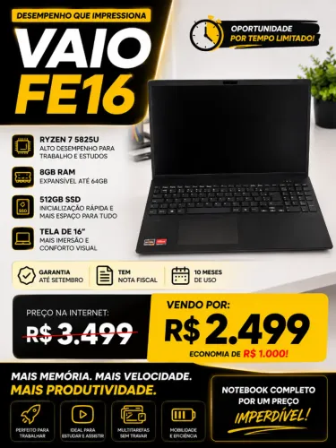 Notebook Vaio FE16 - 8GB RAM, 512GB SSD