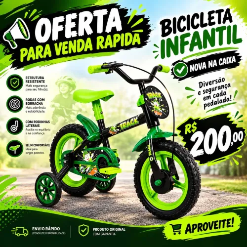 ? Bicicleta Infantil Track Aro 12 Verde com Rodinhas - Nova na Caixa