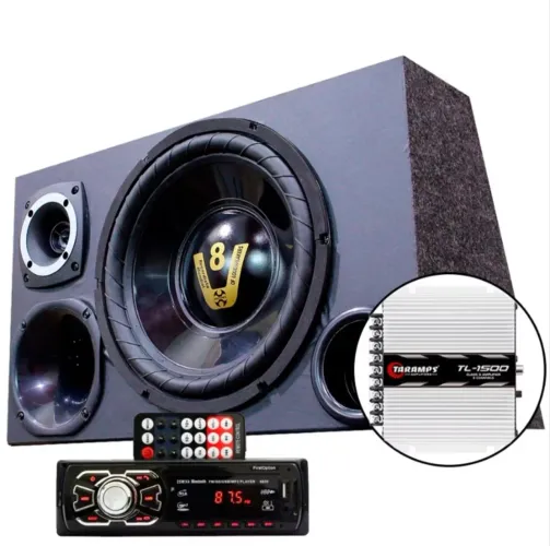 Caixa Trio Automotiva Completa Rádio FM Bluetooth Pen Drive USB Módulo Amplificador