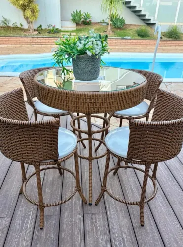 Moveis área externa mesa bistrô fibra vime 4 banquetas 