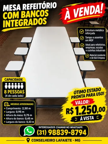 Mesa de Refeitório com 8 Bancos Integrados em MDF