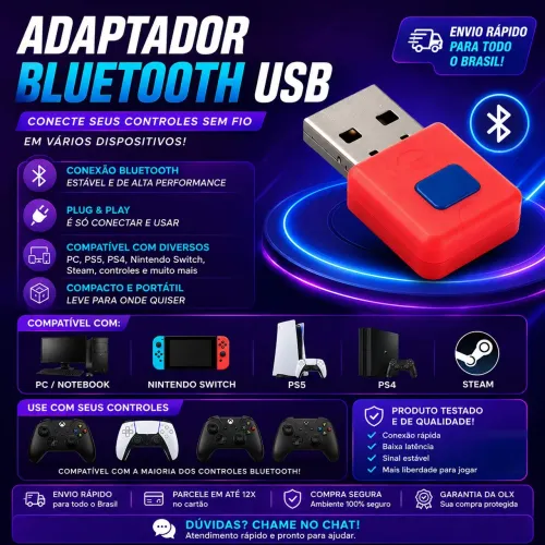 Adaptador Bluetooth Usb Nintendo Switch Ps5 Ps4 Pc Steam *Frete Gratis