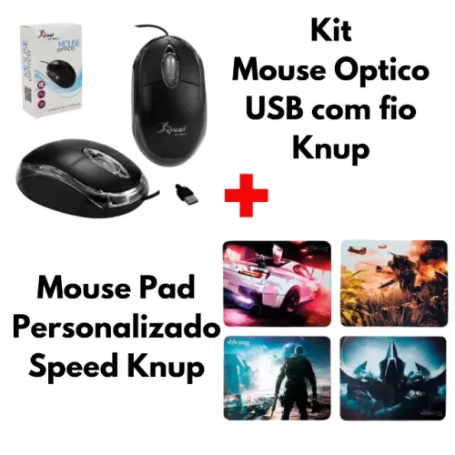 Kit Mouse Optico USB com fio + Mouse Pad Personalizado Knup 