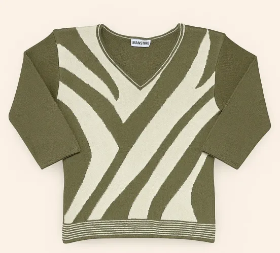 Blusa de Lã Feminina Gola V c/ Detalhe Frontal Geométrico