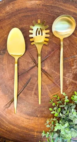 Talher para servir refeição grande em aço inoxidável dourado 