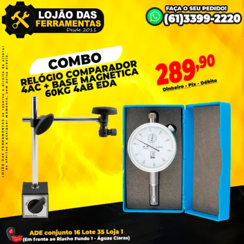 Combo Relógio Comparador 4Ac + Base Magnética 60kg 4Ab Eda