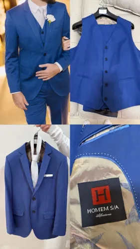 Terno Slim Homem S/A Super 120?s Azul Royal - Usado 1x - Completo
