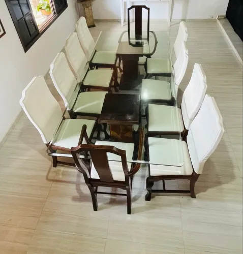 Mesa de Jantar 10 Lugares 2,50 x 1,20 | Vidro Temperado 20 mm + 10 Cadeiras