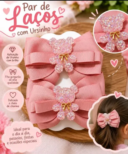 Par de Laços Infantis Rosa com Ursinho Brilhante