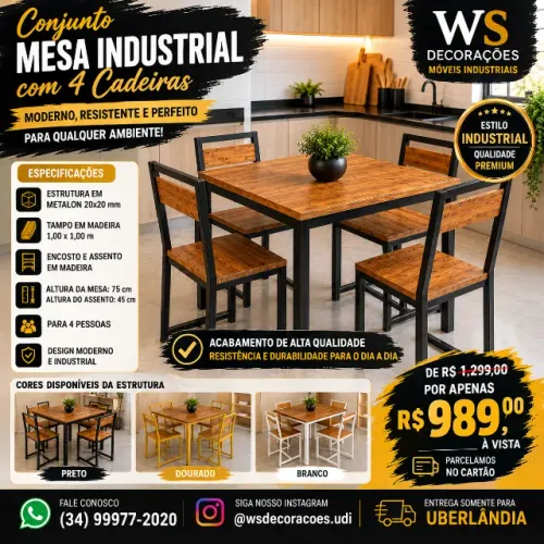 CONJUNTO MESA INDUSTRIAL + 4 CADEIRAS