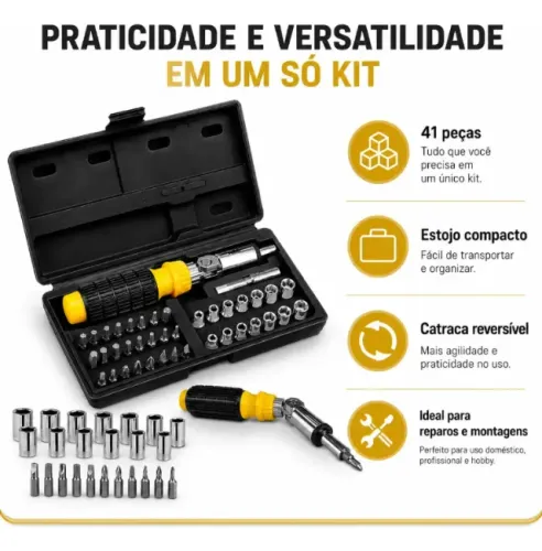 Jogo Soquetes e Bits 41 Peças 14 Titanium Catraca Reversível Maleta Torx Allen Phillips