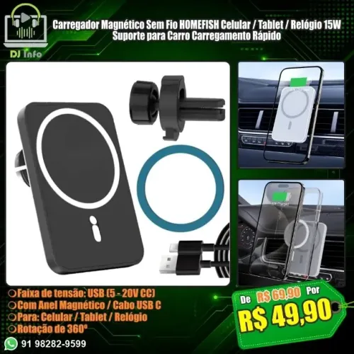 Carregador Magnético Sem Fio HOMEFISH Celular / Tablet / Relógio 15W Suporte para Carro