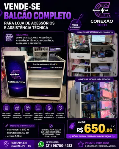 VENDE-SE BALCÃO COMPLETO PARA LOJA DE ACESSÓRIOS E ASSISTÊNCIA TÉCNICA
