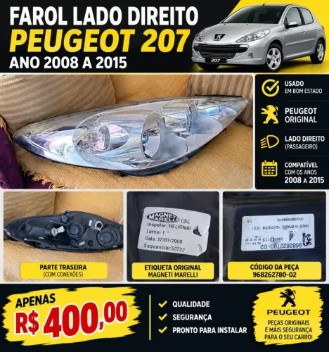 Farol direito Peugeot 207- 2008 a  2015