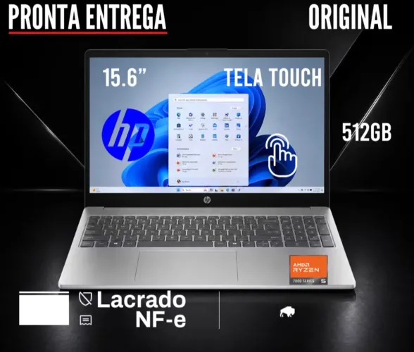 Notebook HP AMD Ryzen 5 7520U tela 15.6" Touch-screen 512GB SSD DDR5 windows 11