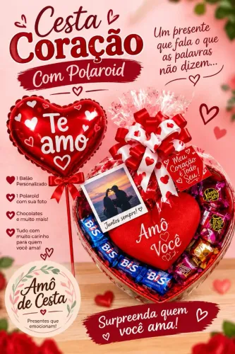 Cesta de Chocolates Em Formato de Coração Com Foto,Balão, Cartão Romântico, Pelúcia e Ba.