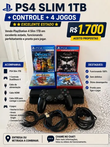 ? PS4 Slim 1TB + Controle + 4 Jogos - Excelente Estado