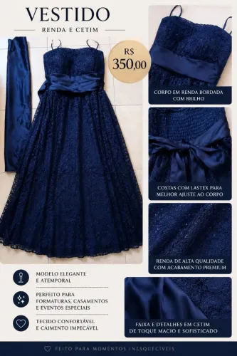 Vestido Longo Azul, Renda e Cetim.