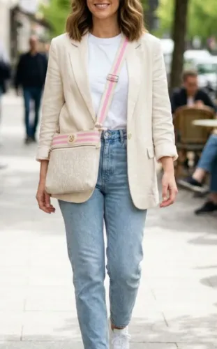 Bolsa transversal Shultz em Bege e Rosa.