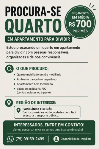 Procuro quarto em apartamento para dividir 