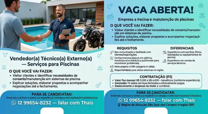 Vaga: Vendedor(a) técnico(a) externo(a) ? serviços para piscinas