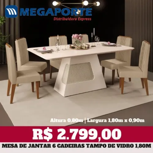 Mesa de Jantar 6 Cadeiras Tampo de Vidro 1,80m (Novo) Entrega Grátis!