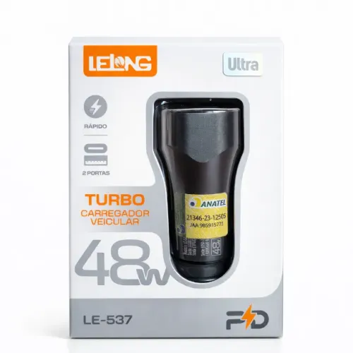 Carregador Veicular LELONG Turbo 48W Ultra Rápida 2 Portas USB Tipo C 